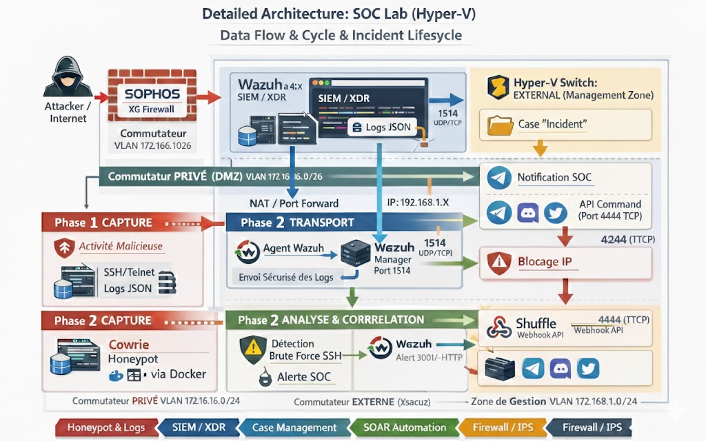 Schéma d'architecture complète SOC Lab Hyper-V avec Wazuh, Shuffle et flux de détection